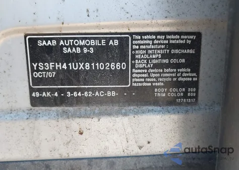 2008 Saab 9-3 Aero from USA, damaged, VIN YS3FH41UX81102660